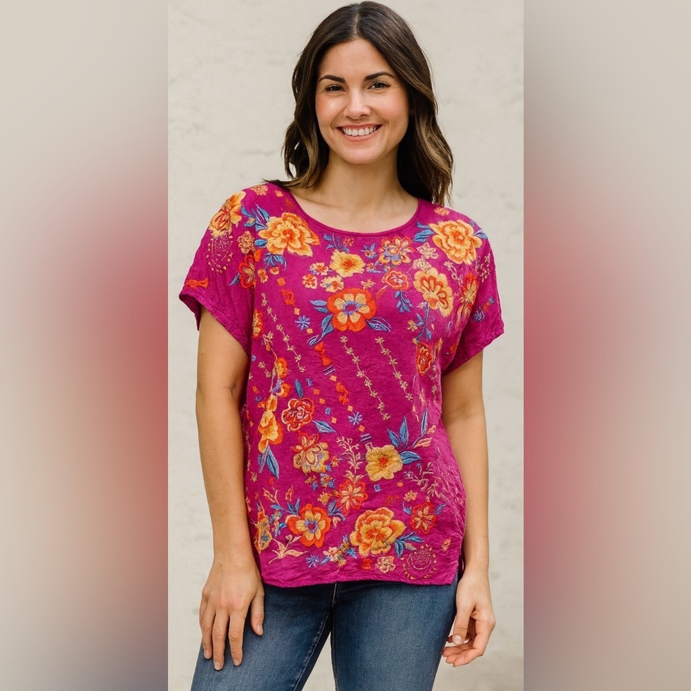 Savanna Jane Pink Floral Embroidered Top Boho Festival Blouse Gypsy Chic Large